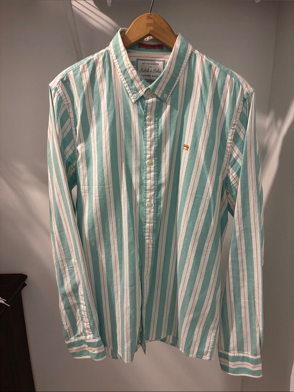 Scotch & Soda Oxford Shirt Mint Green White Stripe Cotton Button Down L